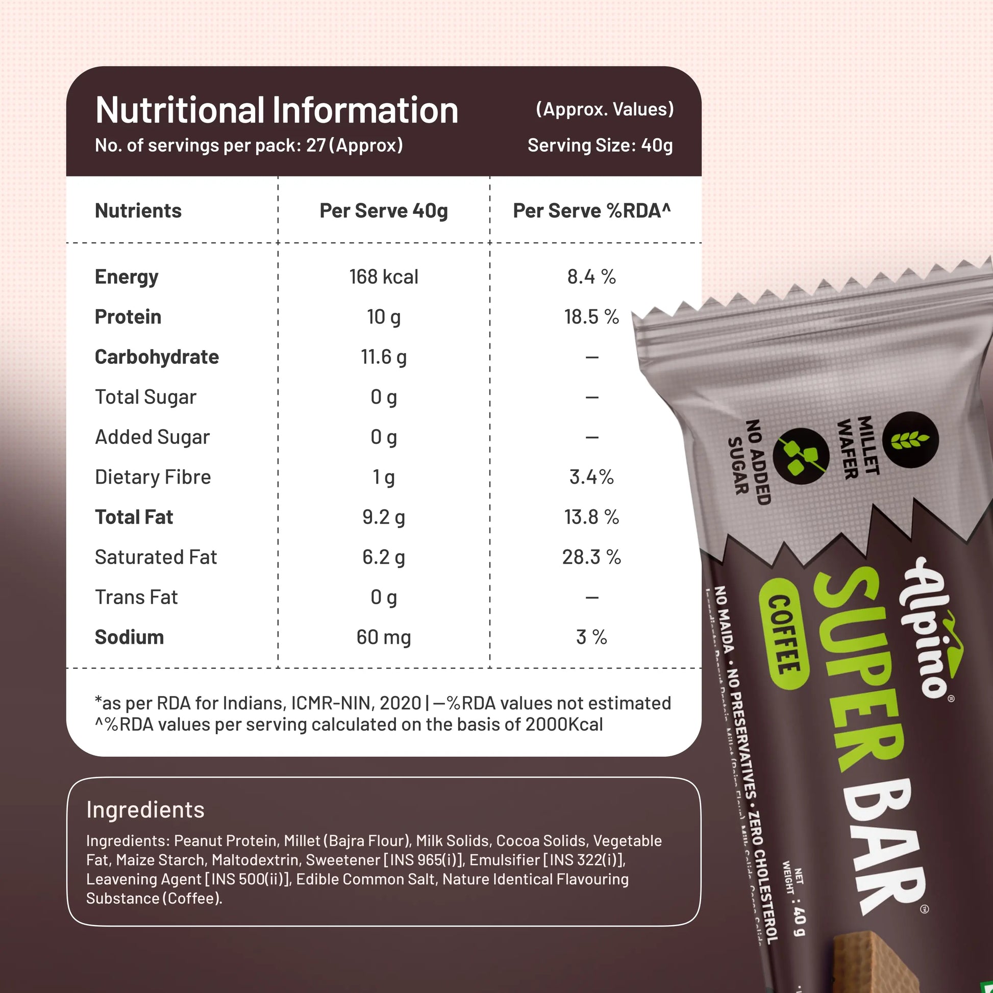 Alpino Coffee Protein Bar showing ingredients and nutritional value