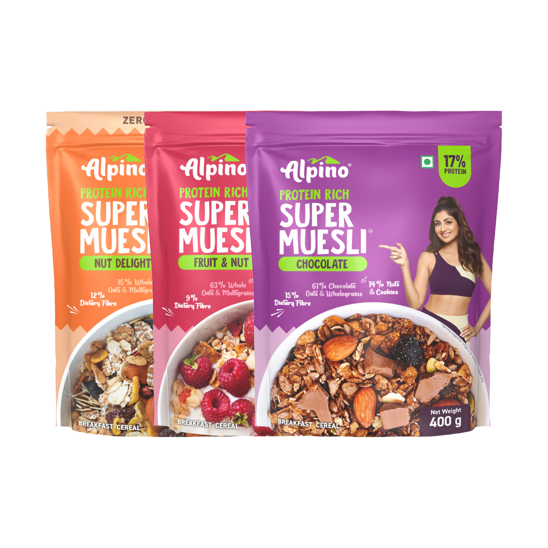 Alpino Protein Rich Super Muesli trio packs – Chocolate, Fruit & Nut, Nut Delight