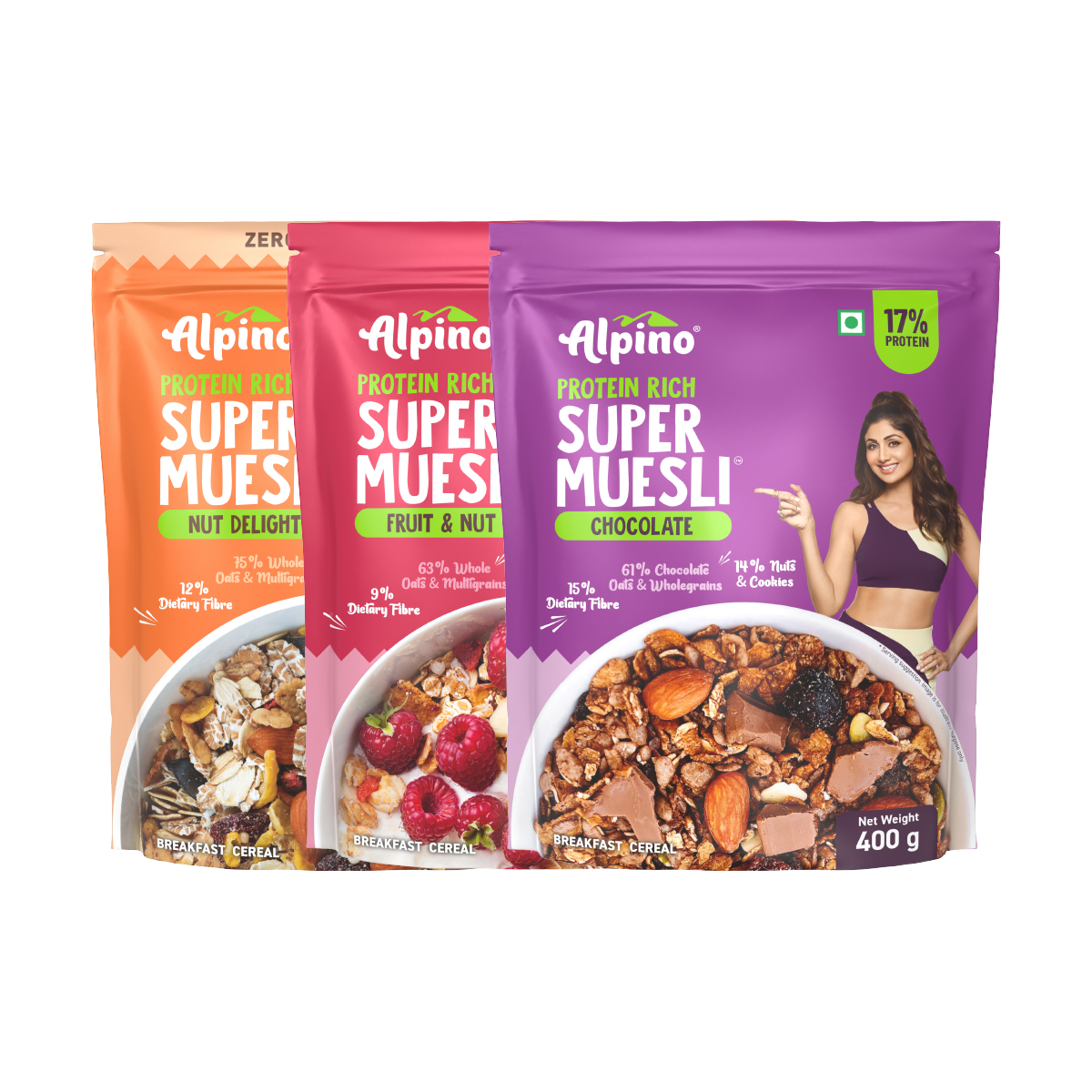 Alpino Protein Rich Super Muesli trio packs – Chocolate, Fruit & Nut, Nut Delight