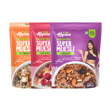 Alpino Protein Rich Super Muesli trio packs – Chocolate, Fruit & Nut, Nut Delight