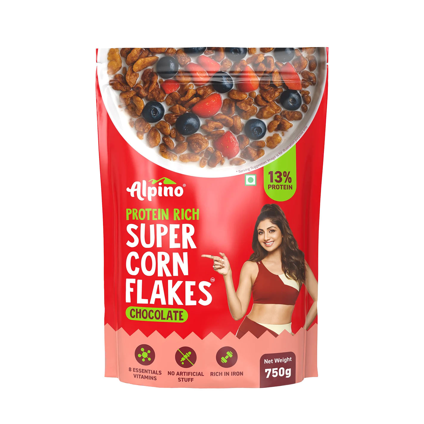 Alpino Cornflakes chocolate pack of 750g with 13g protein in 100g serve