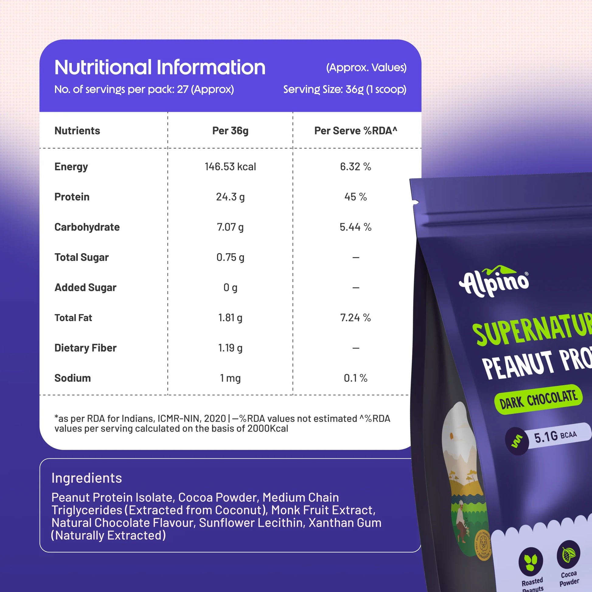 Nutritional Information of Alpino Plant Protein Powder - Dark chocolate