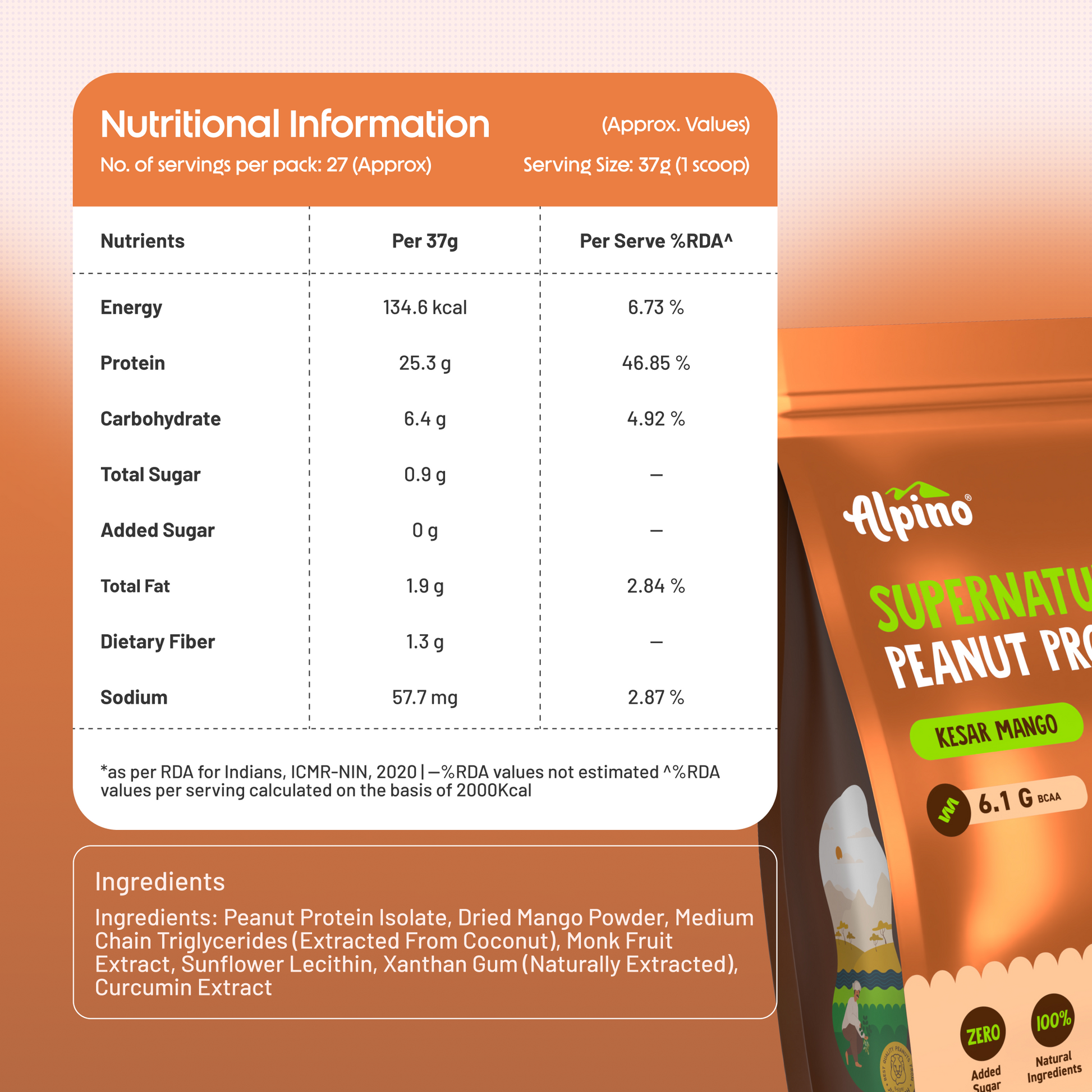 Alpino Supernatural Mango Protein Nutrition Facts