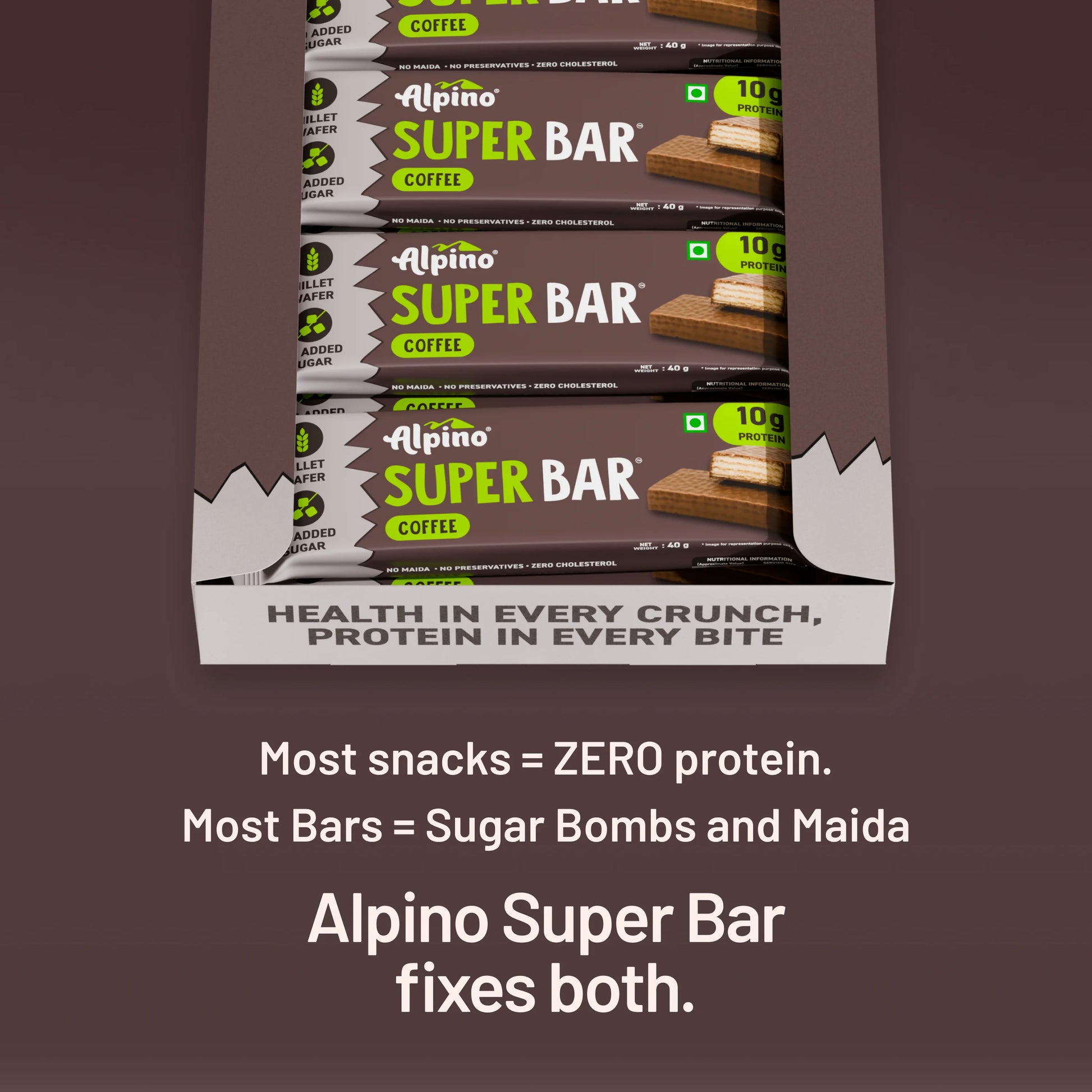 Alpino Coffee protein bar fixes both less protein, sugar and maida