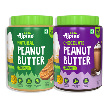 Alpino Chocolate Peanut Butter Smooth 1 KG + Alpino Natural Peanut Butter Crunch 1 KG - Combo Pack