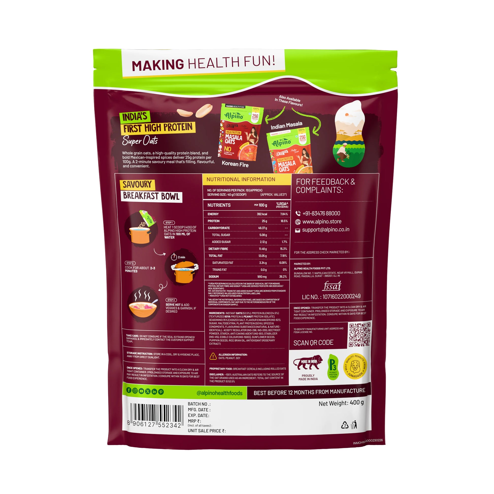 Alpino High Protein Masala Oats Hot Mexicana Nutritional Information