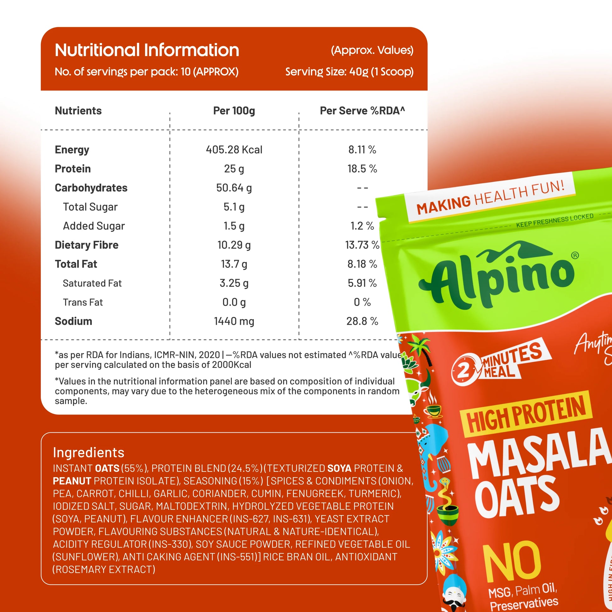 Alpino High Protein Masala Oats Nutritional Information