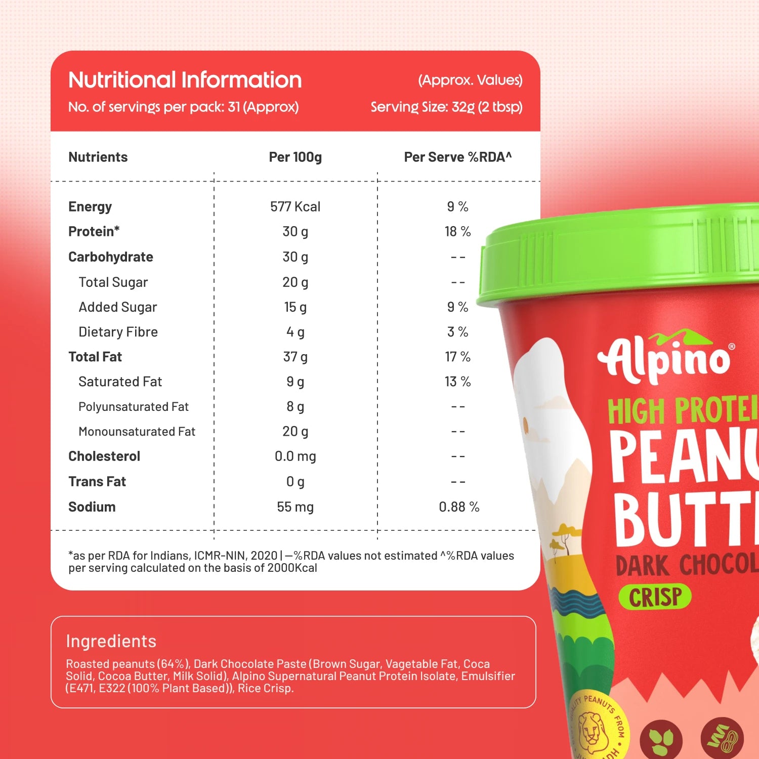 Alpino High Protein Dark Chocolate Peanut Butter's Nutritional Information