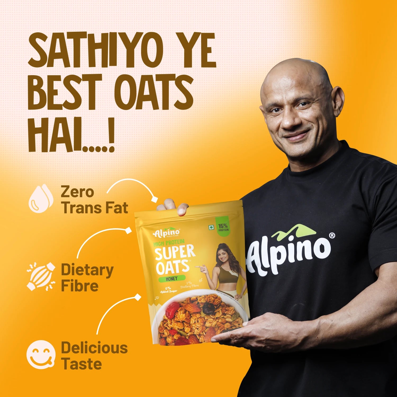 Healthy breakfast with Alpino's natural honey oats and 15% protein.
