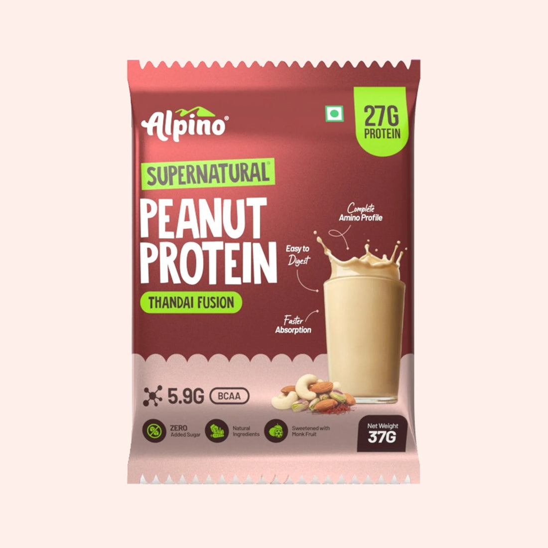 Alpino Thandai Fusion peanut protein 37g sachet packaging.