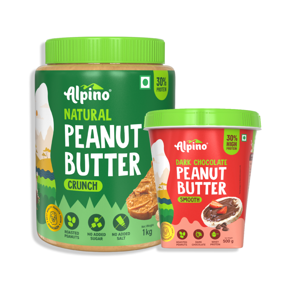 Natural Peanut Butter Crunch 1 KG + Alpino High Protein Dark Chocolate Peanut Butter Smooth 400 G - Combo Pack