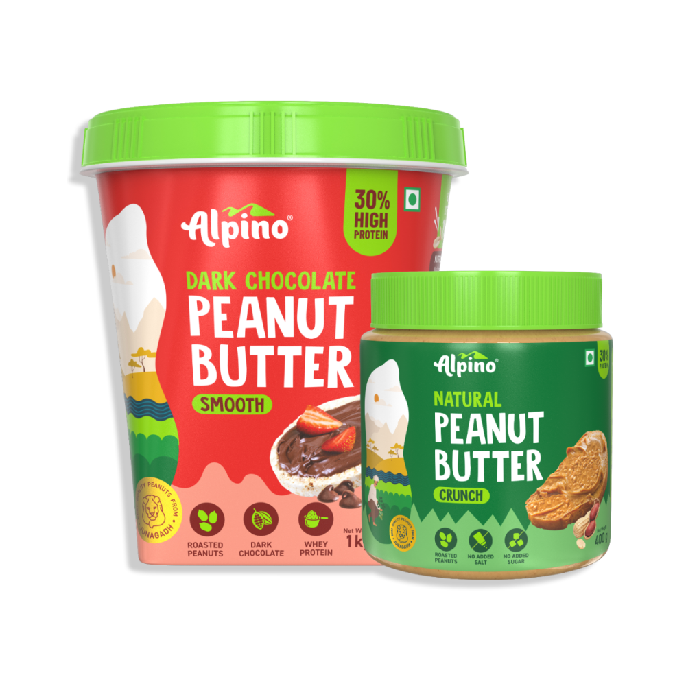 High Protein Dark Chocolate Peanut Butter Smooth 1 KG + Alpino Natural Peanut Butter Crunch 400G - Combo Pack