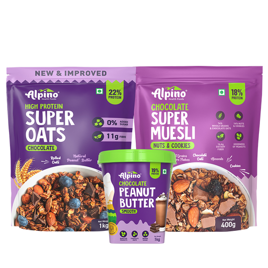 CHOCOLATEY BREAKFAST COMBO - High Protein Rolled Oats 1kg + Chocolate Super Muesli 400g & Chocolate Peanut Butter Smooth 1kg - Mega Saver Pack