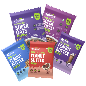 Alpino Assorted Trial Pack | Chocolate Oats, Chocolate Muesli, Chocolate Peanut Butter, Dark Chocolate Peanut Butter, Classic Smooth Peanut Butter and Gluten-Free | Vegan | High in Protein | Fibre | Pack Of 5 155g