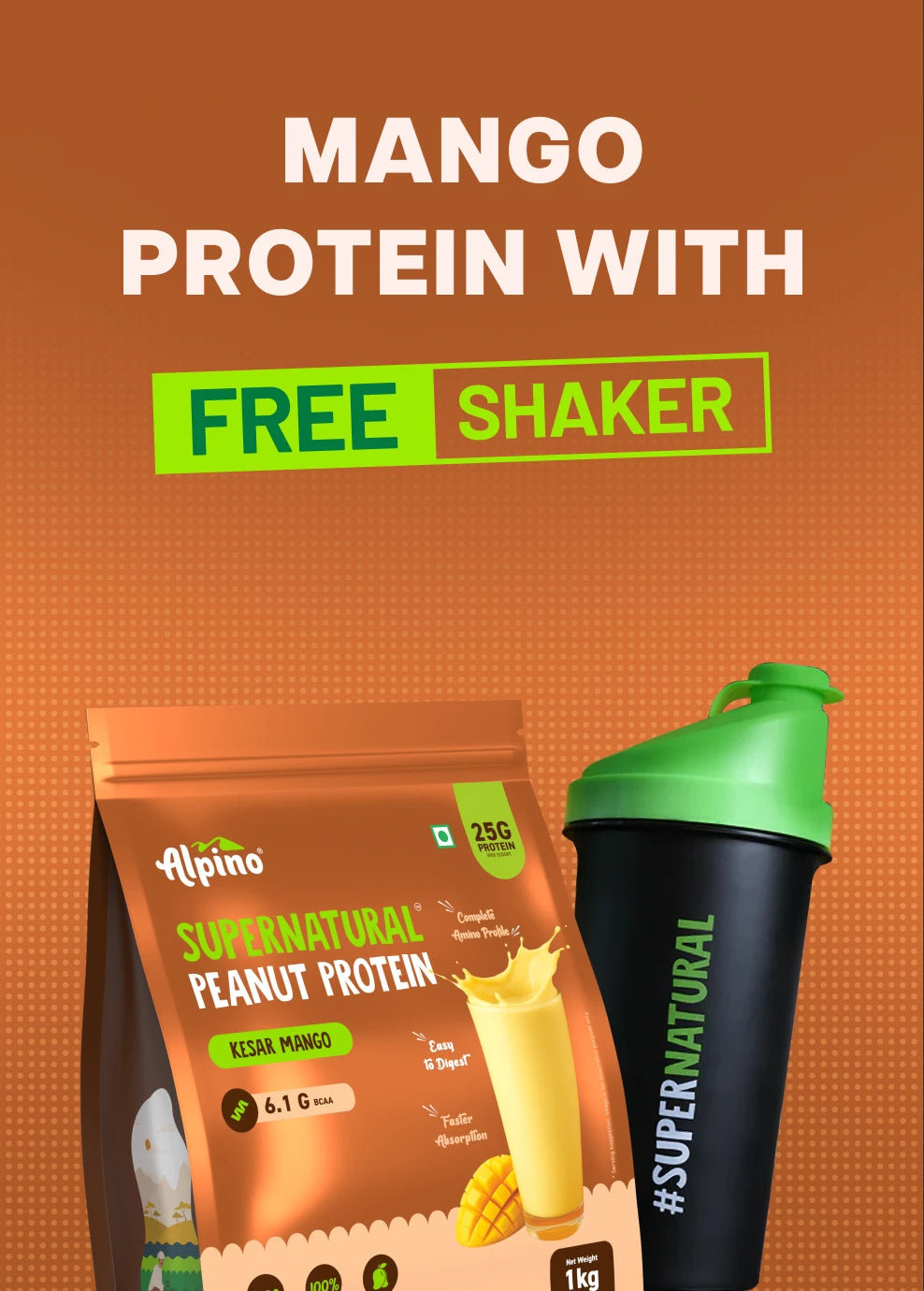 Supernatural Peanut Protein Powder Kesar Mango 1Kg Pack + Shaker