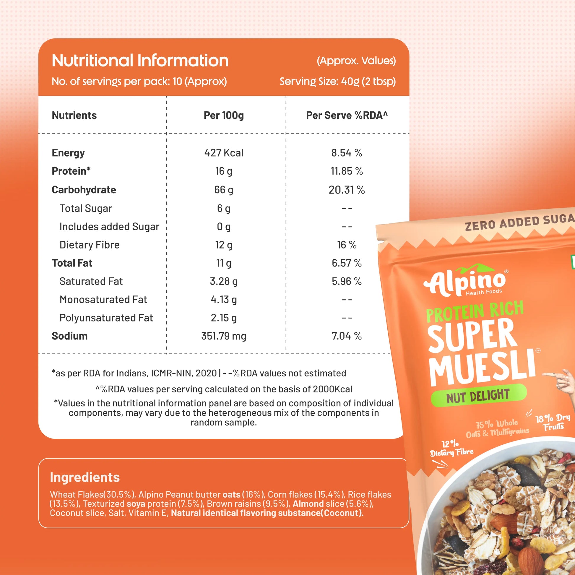 Nutritional information table of Alpino Super Muesli Nut Delight showing calories, protein, carbs, fiber and fat values