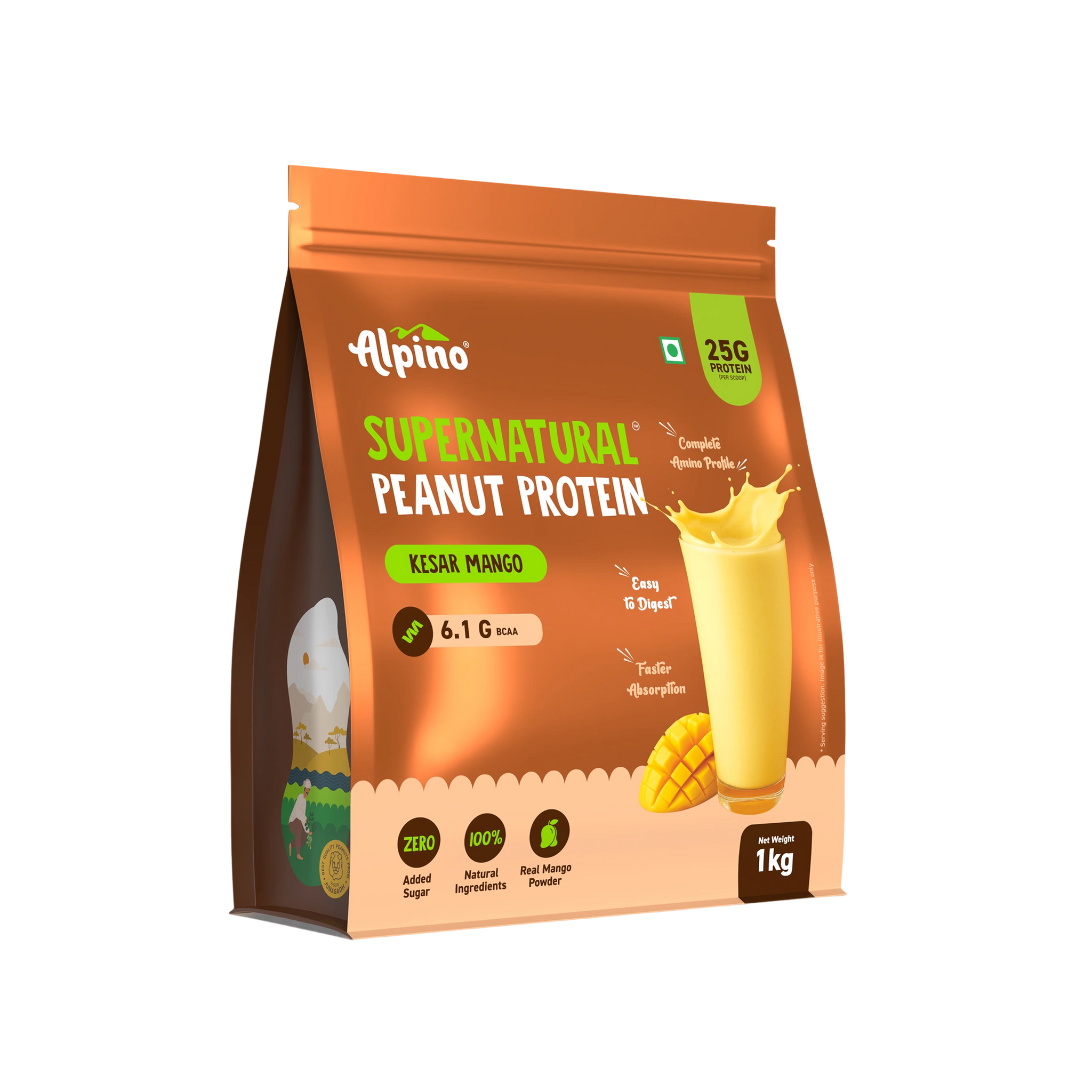 Supernatural Peanut Protein Powder Kesar Mango - Protein, 6.1g BCAAs, No Added Sugar, Gluten-Free, Vegan