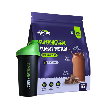 Alpino natural plant protein powder made from peanuts in dark chocolate flavour